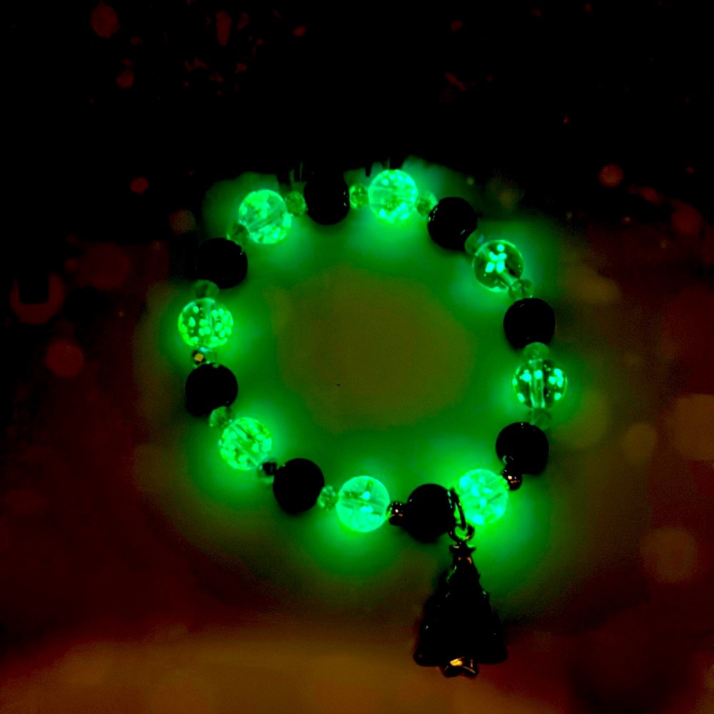 Handmade Christmas Tree Charm Bracelet with Glow-In-The-Dark Sea Glass Beads!